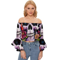 Sugar Skull With Flowers - Day Of The Dead Off Shoulder Flutter Bell Sleeve Top by GardenOfOphir