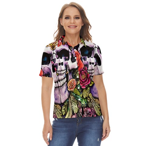 Sugar Skull With Flowers - Day Of The Dead Women s Short Sleeve Double Pocket Shirt by GardenOfOphir