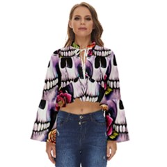 Sugar Skull With Flowers - Day Of The Dead Boho Long Bell Sleeve Top