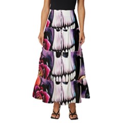 Sugar Skull With Flowers - Day Of The Dead Tiered Ruffle Maxi Skirt by GardenOfOphir