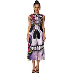 Sugar Skull With Flowers - Day Of The Dead Sleeveless Round Neck Midi Dress by GardenOfOphir