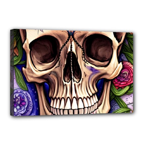 Retro Gothic Skull With Flowers - Cute And Creepy Canvas 18  X 12  (stretched) by GardenOfOphir