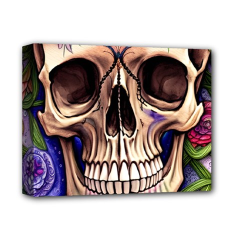 Retro Gothic Skull With Flowers - Cute And Creepy Deluxe Canvas 14  X 11  (stretched) by GardenOfOphir