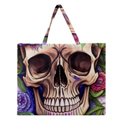 Retro Gothic Skull With Flowers - Cute And Creepy Zipper Large Tote Bag by GardenOfOphir