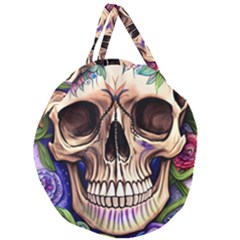 Retro Gothic Skull With Flowers - Cute And Creepy Giant Round Zipper Tote by GardenOfOphir