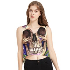 Retro Gothic Skull With Flowers - Cute And Creepy V-neck Cropped Tank Top by GardenOfOphir