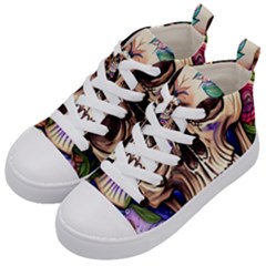 Retro Gothic Skull With Flowers - Cute And Creepy Kids  Mid-top Canvas Sneakers by GardenOfOphir