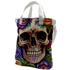 Retro Gothic Skull With Flowers - Cute And Creepy Canvas Messenger Bag by GardenOfOphir