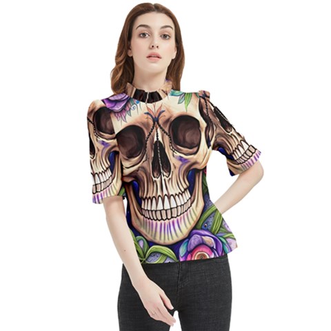 Retro Gothic Skull With Flowers - Cute And Creepy Frill Neck Blouse by GardenOfOphir