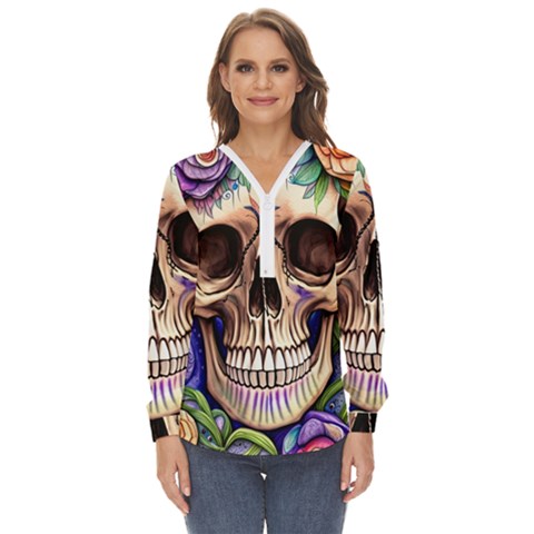 Retro Gothic Skull With Flowers - Cute And Creepy Zip Up Long Sleeve Blouse by GardenOfOphir