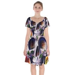 Cute Sugar Skull With Flowers - Day Of The Dead Short Sleeve Bardot Dress by GardenOfOphir