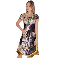 Cute Sugar Skull With Flowers - Day Of The Dead Classic Short Sleeve Dress by GardenOfOphir