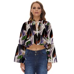 Cute Sugar Skull With Flowers - Day Of The Dead Boho Long Bell Sleeve Top