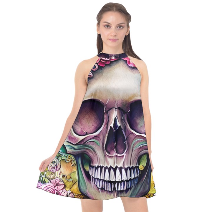 Skull And Bones Retro Halter Neckline Chiffon Dress 