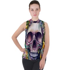 Skull And Bones Retro Mock Neck Chiffon Sleeveless Top