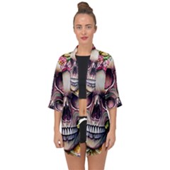 Skull And Bones Retro Open Front Chiffon Kimono by GardenOfOphir