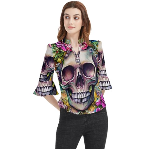 Skull And Bones Retro Loose Horn Sleeve Chiffon Blouse by GardenOfOphir