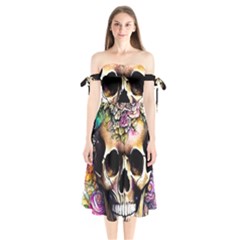 Skeleton Skull Cottagecore Shoulder Tie Bardot Midi Dress by GardenOfOphir