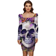 Cute Skulls And Bones Women Long Sleeve Ruched Stretch Jersey Dress