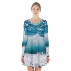 Waves Long Sleeve Velvet V-neck Dress by nateshop