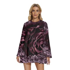 Rose Mandala Round Neck Long Sleeve Bohemian Style Chiffon Mini Dress