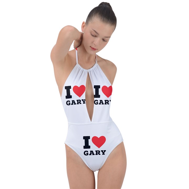 I love gary Plunge Cut Halter Swimsuit