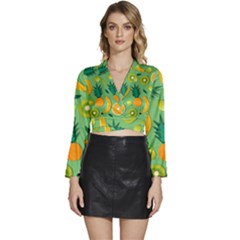 Fruit Tropical Pattern Design Art Long Sleeve Tie Back Satin Wrap Top by danenraven