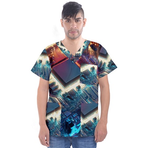 Ai Generated Motherboard City Technology Tech Cpu Men s V-neck Scrub Top by Jancukart