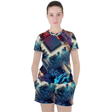 Ai Generated Motherboard City Technology Tech Cpu Women s Tee And Shorts Set by Jancukart