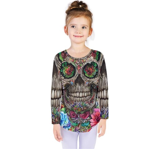 Retro Floral Skull Kids  Long Sleeve Tee by GardenOfOphir