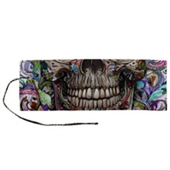 Retro Floral Skull Roll Up Canvas Pencil Holder (m) by GardenOfOphir