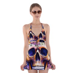 Bone Skull Floral Halter Dress Swimsuit  by GardenOfOphir