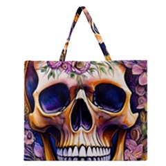 Bone Skull Floral Zipper Large Tote Bag by GardenOfOphir