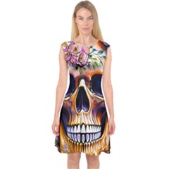Bone Skull Floral Capsleeve Midi Dress by GardenOfOphir