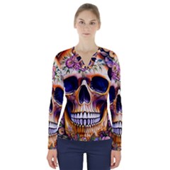 Bone Skull Floral V-neck Long Sleeve Top by GardenOfOphir