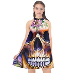 Bone Skull Floral Halter Neckline Chiffon Dress  by GardenOfOphir