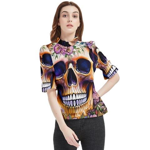 Bone Skull Floral Frill Neck Blouse by GardenOfOphir