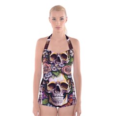 Death Skull Floral Boyleg Halter Swimsuit  by GardenOfOphir