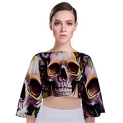 Death Skull Floral Tie Back Butterfly Sleeve Chiffon Top