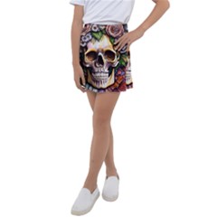 Death Skull Floral Kids  Tennis Skirt by GardenOfOphir