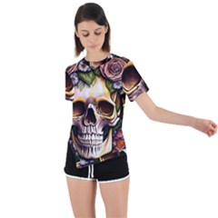 Death Skull Floral Asymmetrical Short Sleeve Sports Tee by GardenOfOphir