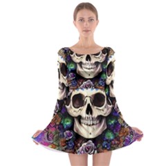 Dead Cute Skull Floral Long Sleeve Skater Dress by GardenOfOphir