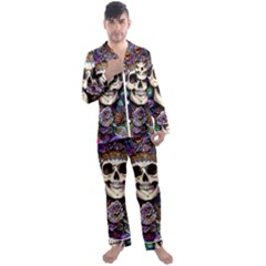 Dead Cute Skull Floral Men s Long Sleeve Satin Pajamas Set by GardenOfOphir