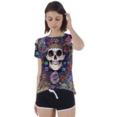 Dead Cute Skull Floral Short Sleeve Open Back Tee by GardenOfOphir