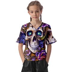 Gothic Cute Skull Floral Kids  V-Neck Horn Sleeve Blouse