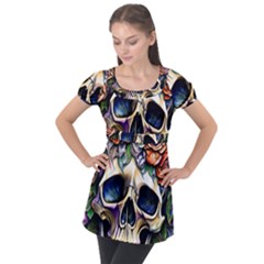 Skull Dead Puff Sleeve Tunic Top by GardenOfOphir