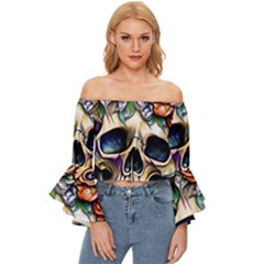 Skull Dead Off Shoulder Flutter Bell Sleeve Top by GardenOfOphir