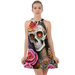 Sugar Skull Halter Tie Back Chiffon Dress by GardenOfOphir