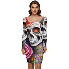 Sugar Skull Women Long Sleeve Ruched Stretch Jersey Dress by GardenOfOphir