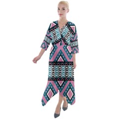 Pink Pattern Design Vintage Quarter Sleeve Wrap Front Maxi Dress